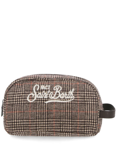 Mc2 Saint Barth Logo-embroidered Houndstooth-pattern Wash Bag In Brown