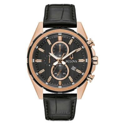 Pre-owned Bulova 98a262 Rose Gold-tone Case Black Leather Band Chronograph Men's Watch