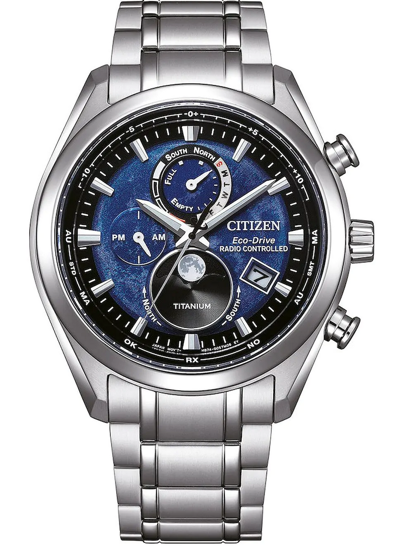 Pre-owned Citizen Titanium Sapphire Moonphase Radio Controlled By1010-81l Blue Dial Watch