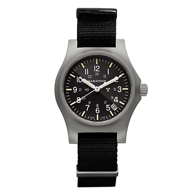 Pre-owned Marathon 36mm Officer's Quartz W/ Date (gpq-d) On Nylon Defstan 316l Stainless S In Black