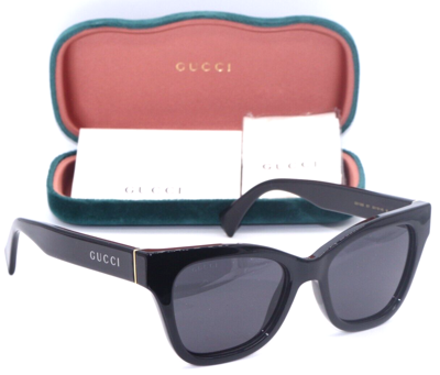 Pre-owned Gucci Gg1133s 001 Polished Black-gold/grey Lenses Authentic Sunglasses 52-18 In Gray