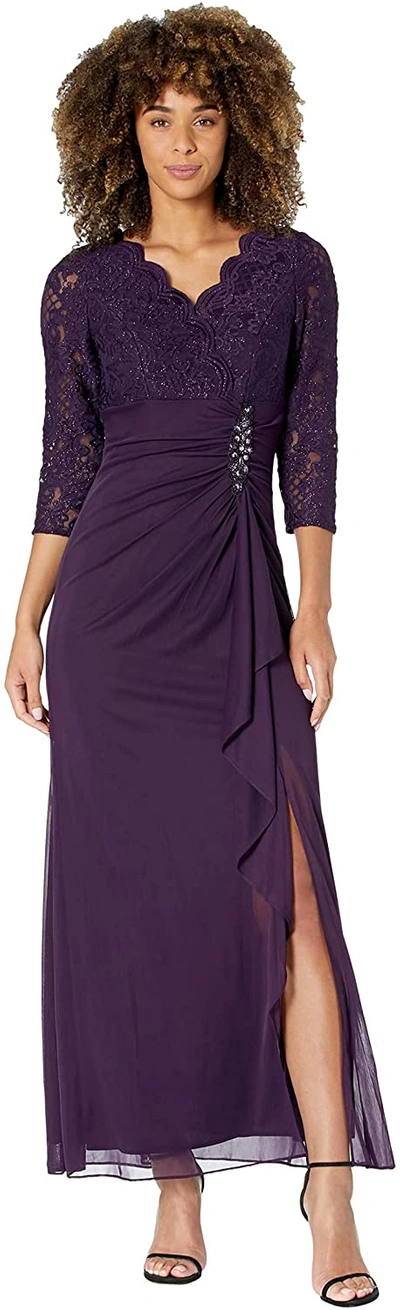 Pre-owned Alex Evenings Women's Long Lace Top Empire Waist Dress In Eggplant