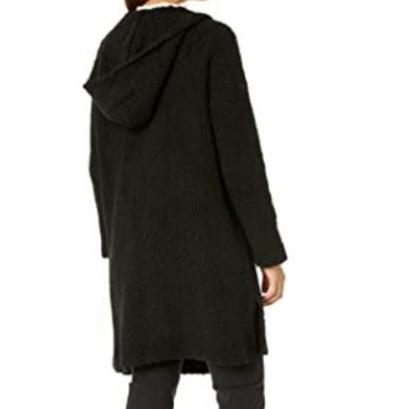 Pre-owned Eileen Fisher Hooded Long Cardigan Coat Boucle Wool Blend Black Size S/ M