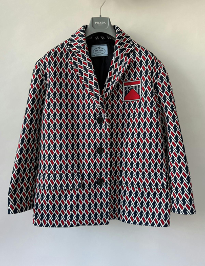 Pre-owned Prada Jacquard Caban Jacket In Blue/red