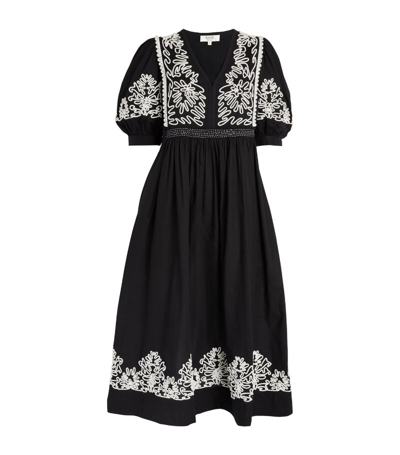 Sea Embroidered Puff-sleeve Cotton Midi Dress In Black