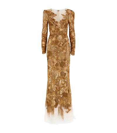 Marchesa Long-sleeve Embellished Gown In Gold
