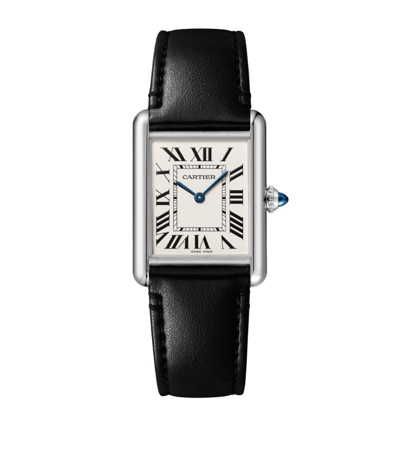 Cartier Stainless Steel Tank Must Watch With Vegan Leather Strap 25.5mm In Black