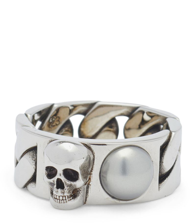 Alexander Mcqueen Faux Pearl Skull Ring In Antique Silver