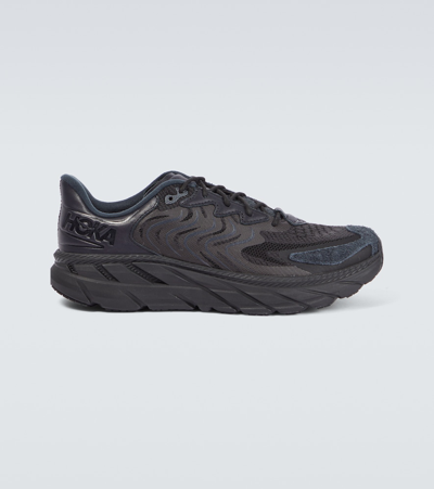 Hoka One One Clifton Ls Leather-trimmed Mesh Trainers In Black / Asphalt