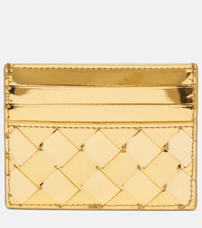 Bottega Veneta Intrecciato Leather Card Holder In Gold