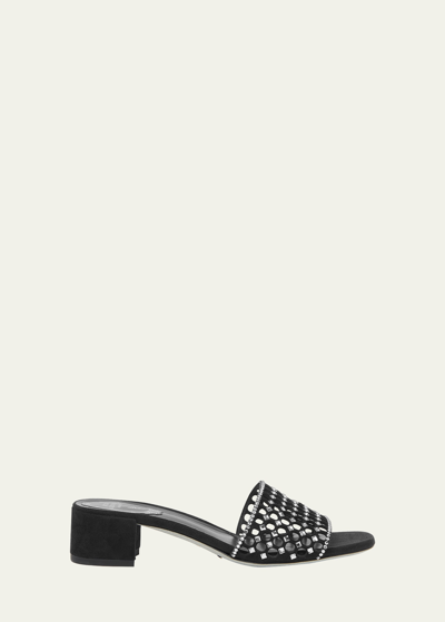 René Caovilla Crystal Net Block-heel Slide Sandals In Black Suedecrysta
