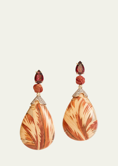 Silvia Furmanovich Yellow Gold Bamboo Marquetry Earrings With Diamonds And Garnet In Brown