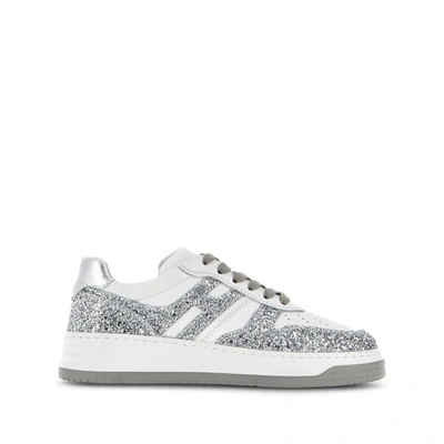 Hogan Glitter-embellished Leather Sneakers In Grey/white