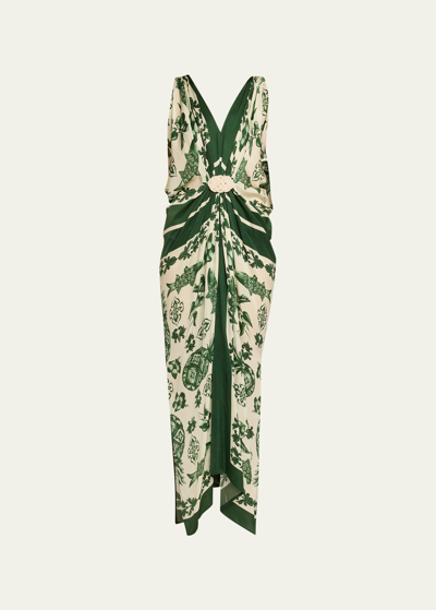 Verandah Azulejos Hand-draped Gown In Ivory And Emerald