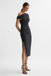 Reiss Fern - Charcoal Bodycon Ruched Midi Dress, L