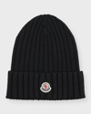 MONCLER RIBBED WOOL BEANIE WITH LOGO PATCH