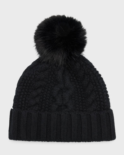 Sofia Cashmere Chunky Cable Knit Cashmere Beanie With Faux Pom In Black