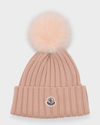 Moncler Wool Rib Beanie With Faux Fur Pompom In Beige