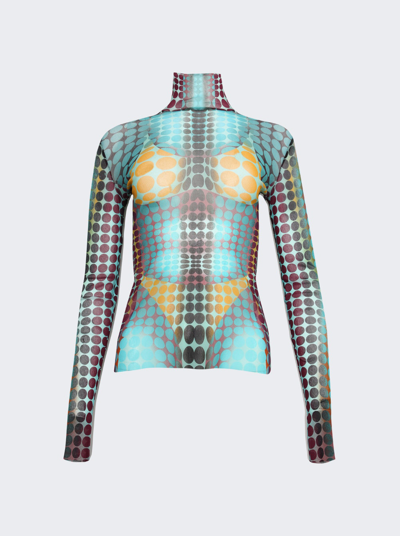 Jean Paul Gaultier Cyber Long Sleeve High Neck Top In Blue, Purple And Yellow