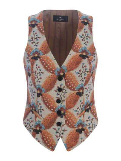 Etro Orange Jacquard Gilet In Multi