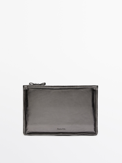 Massimo Dutti Nappa Leather Clutch With Knot Detail In Silver