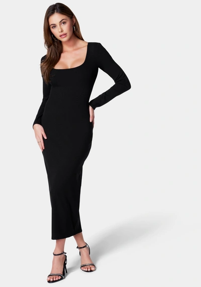 Bebe Rib Square Neck Long Sleeve Dress In Black