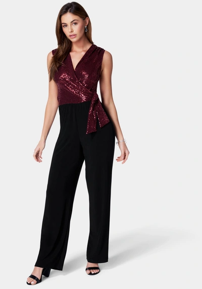 Bebe Disco Dot Wrap Tie Jumpsuit In Wine,black