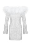 SANTA BRANDS SPARKLE WHITE MINI FEATHERS DRESS WITH OPEN SHOULDERS