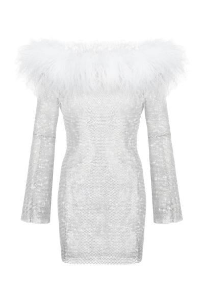 Santa Brands Sparkle White Mini Feathers Dress With Open Shoulders