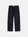 Attico Black Cotton Denim Pants With Logoed Snap Buttons For Women In Black