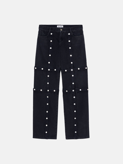Attico Black Cotton Denim Pants With Logoed Snap Buttons For Women
