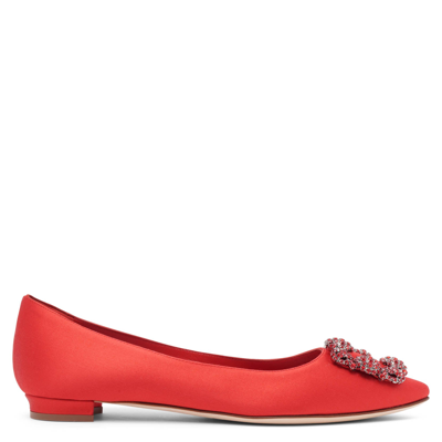 Manolo Blahnik Hangisi Red Satin Flats