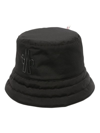 Moncler Black Bucket Hat With Metal Logo Patch In Tech Fabric Woman