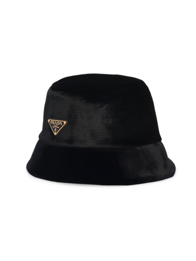 Prada Triangle-logo Velvet Bucket Hat In Black