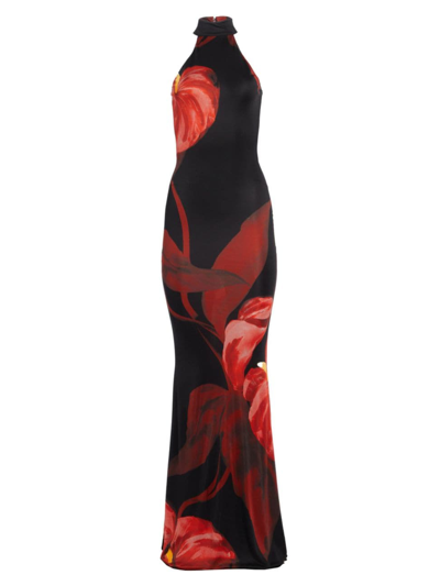 Retroféte Mabel Floral-print Halterneck Gown In Red Anthurium