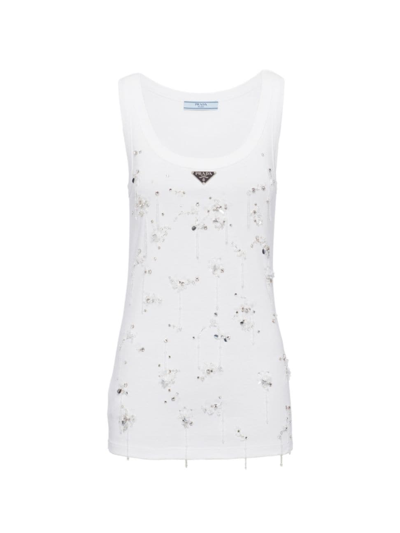 Prada Ribbed Knit Jersey Top With Embroidery In White