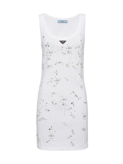 Prada Embroidered Ribbed Jersey Dress In White