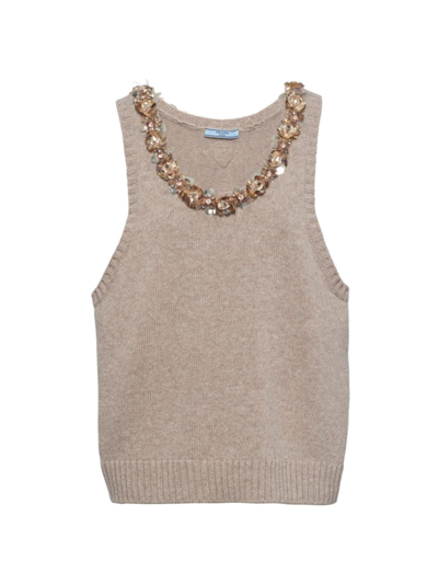 Prada Sleeveless Wool And Cashmere Top In Beige