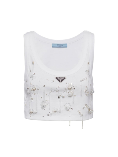 Prada Embroidered Ribbed Knit Jersey Top In White