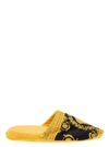 VERSACE BLACK AND GOLD SLIPPERS IN COTTON AND TERRY WITH BAROQUE PRINT