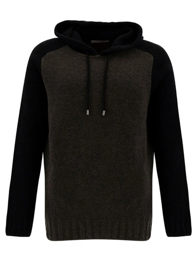 La Fileria Black And Grey Hooded Bi-color Sweater In Wool Blend Man