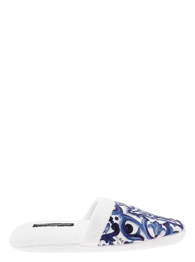 Dolce & Gabbana Mediterranean Blue Slippers In White