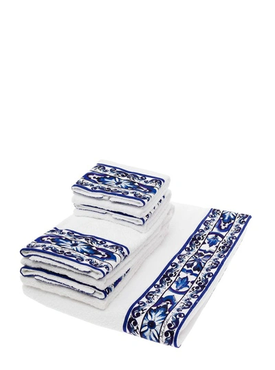 Dolce & Gabbana Set Of 5 White And Blue Towels With Mediterraneo Print In Cotton In Not Applicable