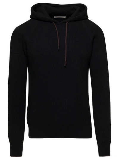 La Fileria Black Ribbed Hooded Sweater In Wool Blend Man