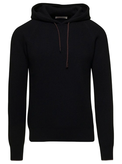 LA FILERIA BLACK RIBBED HOODED SWEATER IN WOOL BLEND