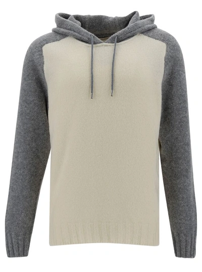 La Fileria White And Grey Hooded Bi-color Sweater In Wool Blend Man In Neutrals