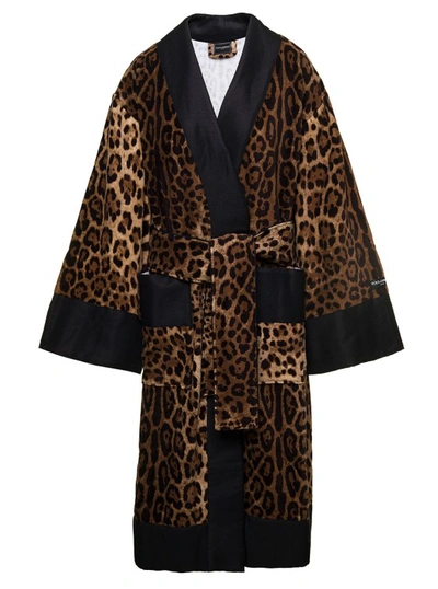 Dolce & Gabbana Multicolor Kimono Bathrobe With All-over Leopard Print In Cotton In Brown
