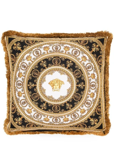 Versace Gold, Black And White Pillow In Silk And Synthetic Fibers With Baroque Print In Not Applicable