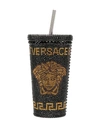 VERSACE CUP WITH LID AND BLACK AND GOLD STRAW IN METAL AND PLASTIC DESCORAZIONE WITH STRASS