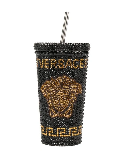 Versace Cup With Lid And Black And Gold Straw In Metal And Plastic Descorazione With Strass In Not Applicable